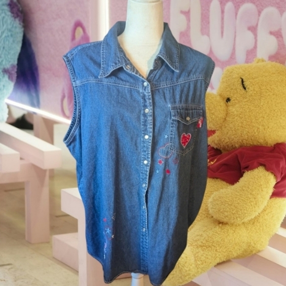 Vtg 90s Disney Eeyore denim blue chambray snap front sleeveless shirt sz 3x - Picture 1 of 11